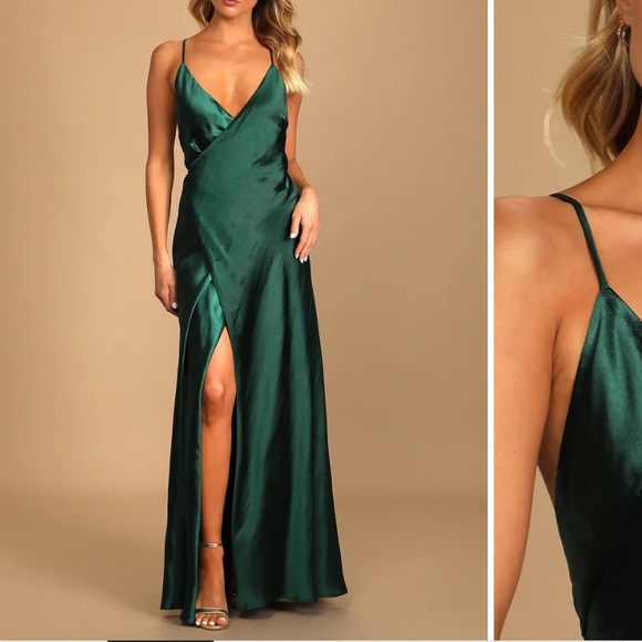 Dresses & Skirts - emerald green silk satin Lulu’s formal prom dress